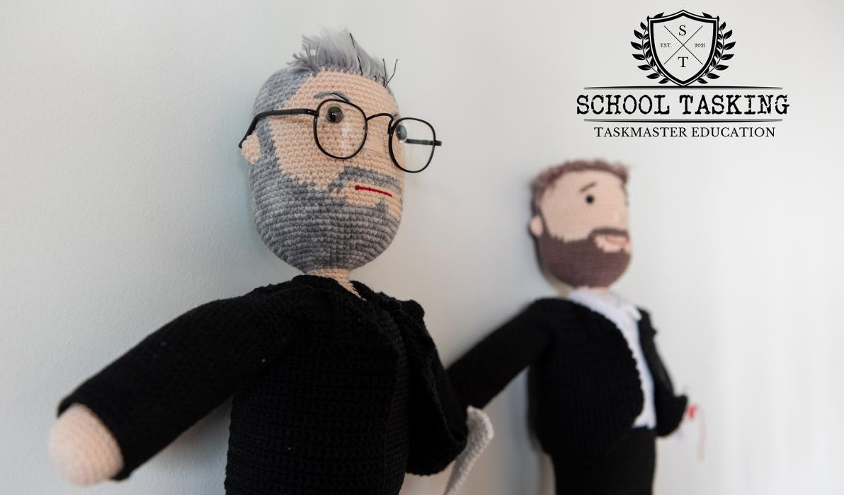 Crocheted Greg and Alex mascots